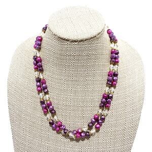 Double strand beaded necklace purples & pink clear faceted beads retro romantic